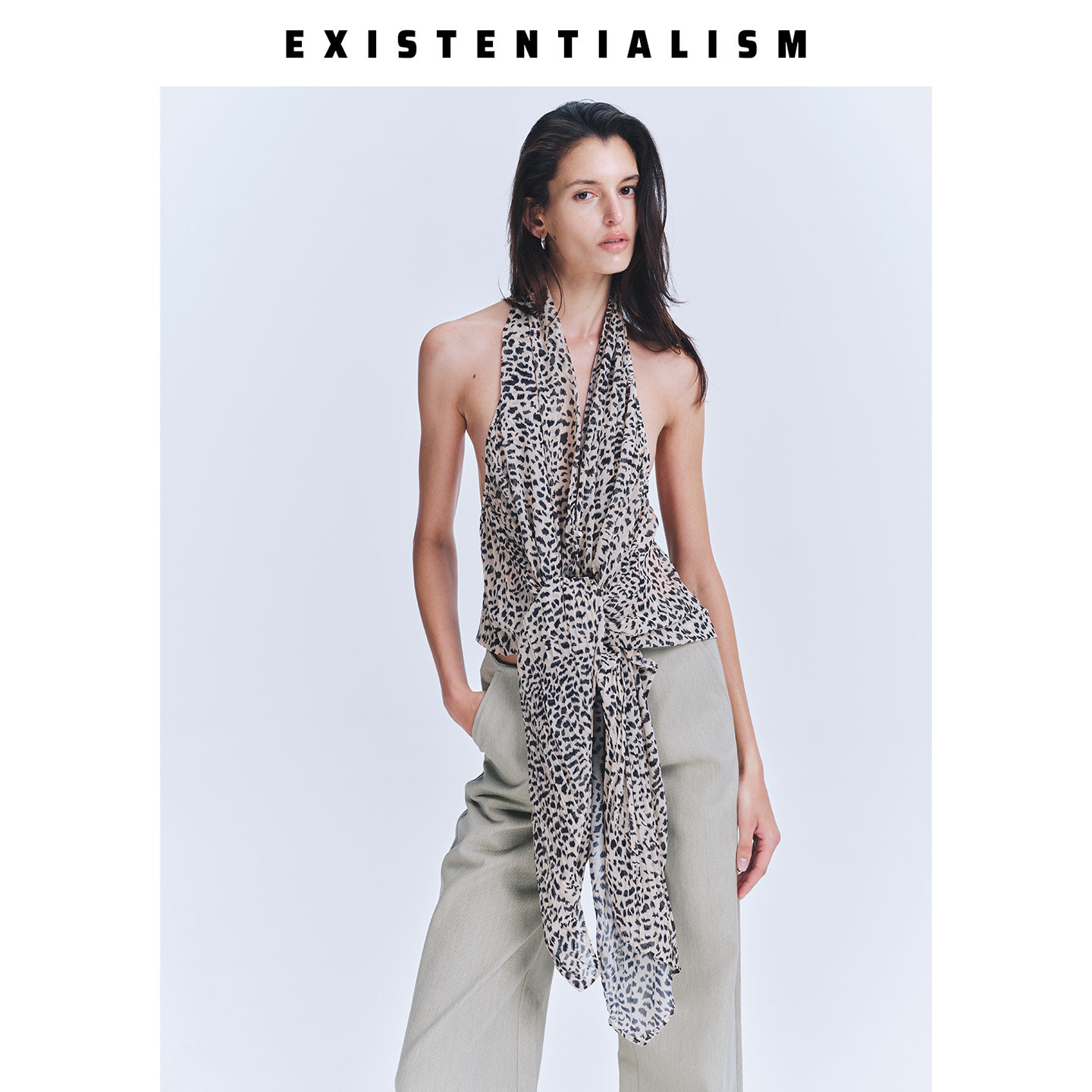 EXISTENTIALISM26春夏新款设计感豹纹挂脖露背丝巾女性感上衣