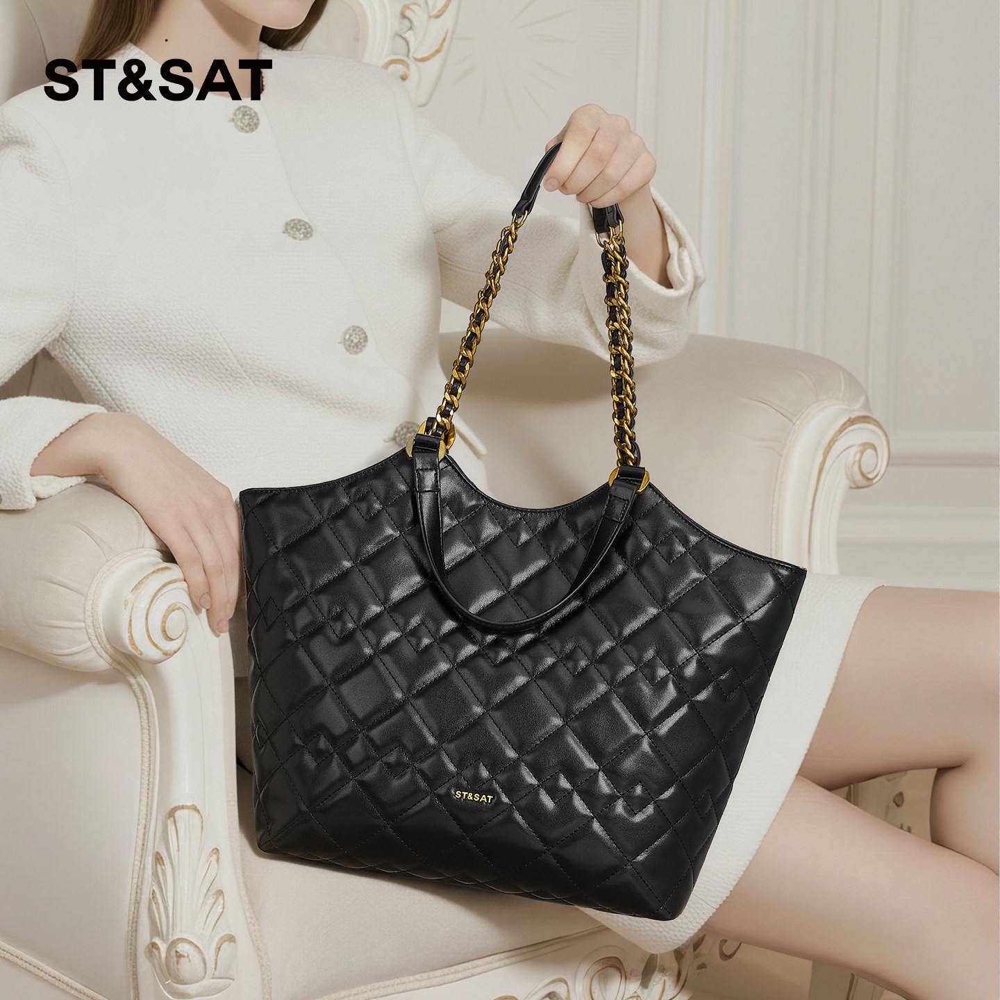 星期六包包女2025新款菱格托特包大容量腋下单肩包时尚通勤手提包,箱包皮具/热销女包/男包,托特包,淘宝优惠券,粉丝福利购,淘宝优惠卷