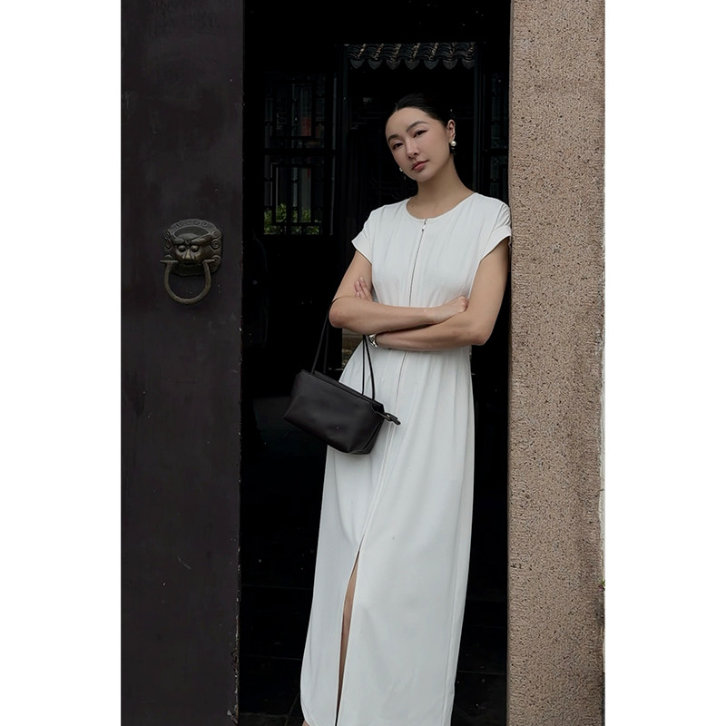 HERLAND她地 白茶裙 通勤风连衣裙女垂坠抗皱高腰显瘦中长裙