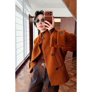 HERLAND她地 高端秘鲁苏力羊驼毛腰带斜襟大衣HL260105021 稻田