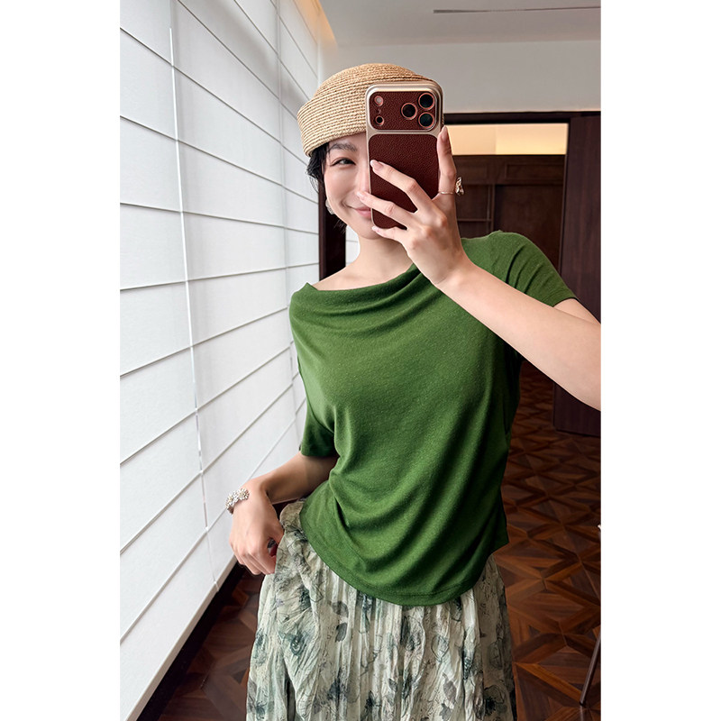 HERLAND她地 春波 天丝亚麻荡领露背纯欲T恤女显瘦百搭短袖