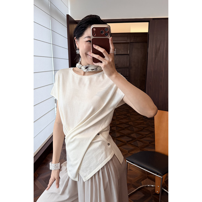 HERLAND她地 破茧 慵懒风天丝系带T恤女凉感显瘦松弛感短袖