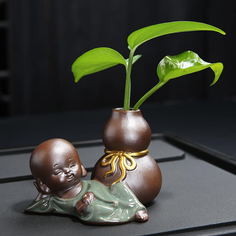 创意茶宠摆件小和尚花器茶桌花插花瓶陶瓷水培盆家居装饰品容器