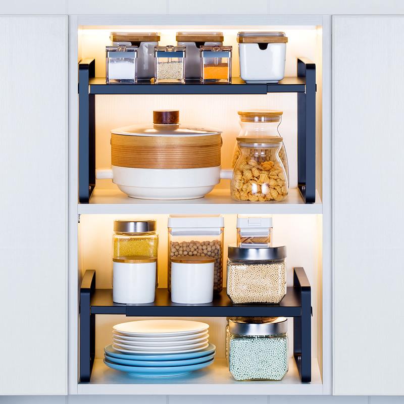 可伸缩厨房分层架整体橱柜隔层桌面置物架隔板柜内收纳层架碗碟架