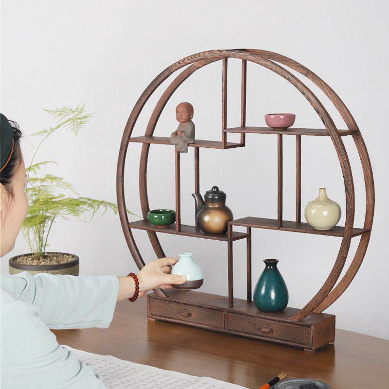 博古架茶具小型展示多宝格阁置物架鸡翅木圆形实木茶架子紫砂壶架