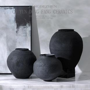 中古摆件手工覆古陶瓷黑色花瓶侘寂黑陶罐小众花瓶不规则花器