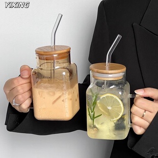 方形带盖子吸管杯玻璃杯ins风带把高硼硅杯子马克杯柠檬水杯奶茶
