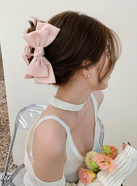 黑色复古缎面大蝴蝶结头饰发夹女2024年新款弹簧夹后脑勺发卡顶夹