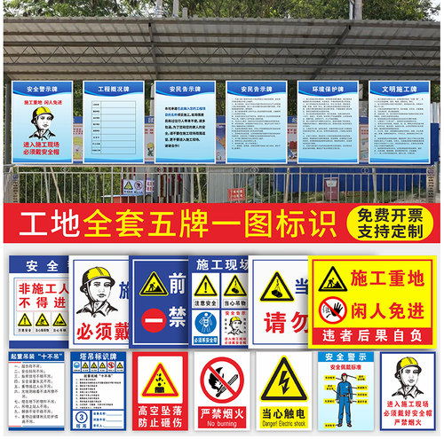 工地施工警示牌标志安全标识牌现场五牌一图员工岗位职责制度施工现场必须戴安全帽文明施工定制标识牌KT制度