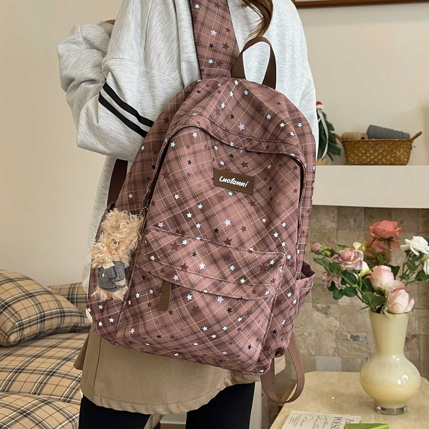 高颜值背包女韩系格子星星初中生校园书包文艺百搭轻便出游双肩包,箱包皮具/热销女包/男包,双肩背包,淘宝优惠券,粉丝福利购,淘宝优惠卷