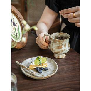 〖别看的〗咖啡玛奇-花杯中古粗陶杯子马克杯小众咖啡特杯好碟套