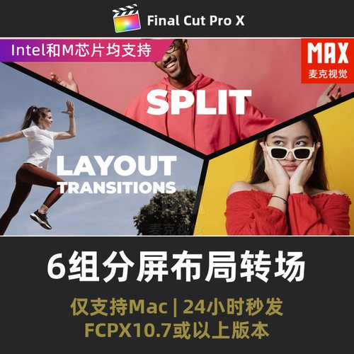 fcpx插件汉化视频缩小放大6组分屏分割布局多画面fcpx转场插件
