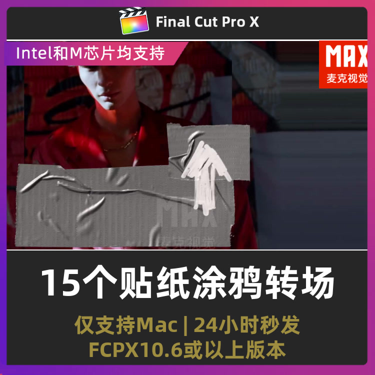 FCPX转场插件 15个复古涂鸦胶带贴纸视频过渡效果finalcutpro插件