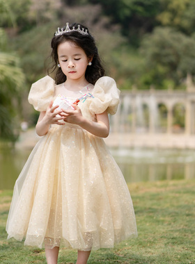 钢琴演出小女孩生日公主裙香槟色亮闪闪网纱蓬蓬裙
