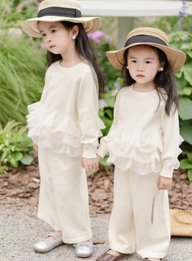 春款女童针织套装纯棉精纺洋气小女孩毛衣上衣阔腿裤网红