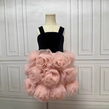 俄罗斯高端女童粉色花朵小礼服女宝吊带小礼裙生日洋气