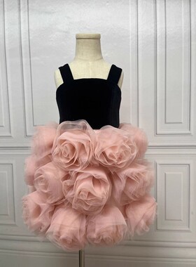 俄罗斯高端女童粉色花朵小礼服女宝吊带小礼裙生日洋气