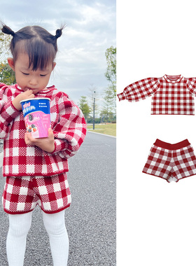 2024秋冬女童套装复古格子灯笼袖毛衣针织衫上衣短裤两个套洋气