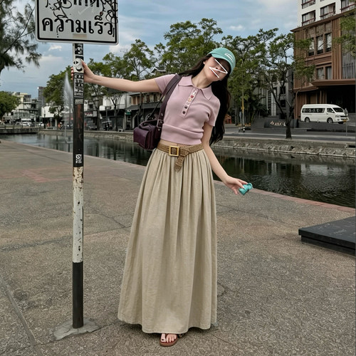 韩系度假风棉麻拖地长裙女170-183 高腰大摆百褶配腰带垂感半身裙