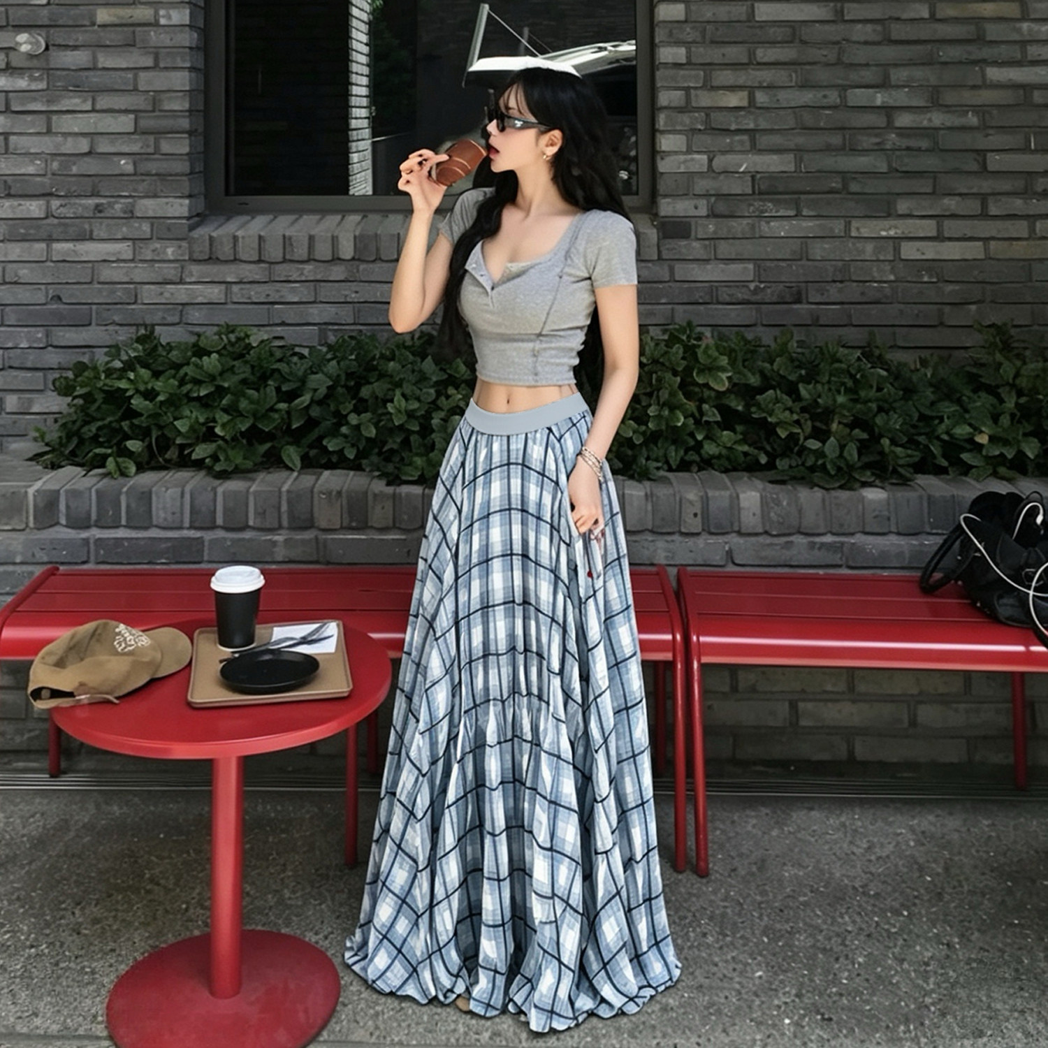 加长大摆格子半身长裙女高个子1半身裙
