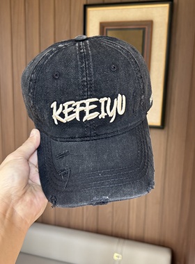 美式复古破洞牛仔鸭舌帽子女宽檐大头围显脸小遮阳刺绣棒球帽男士