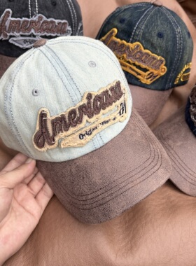 美式复古牛仔棒球帽子女深顶宽檐大头围显脸小字母刺绣遮阳鸭舌帽