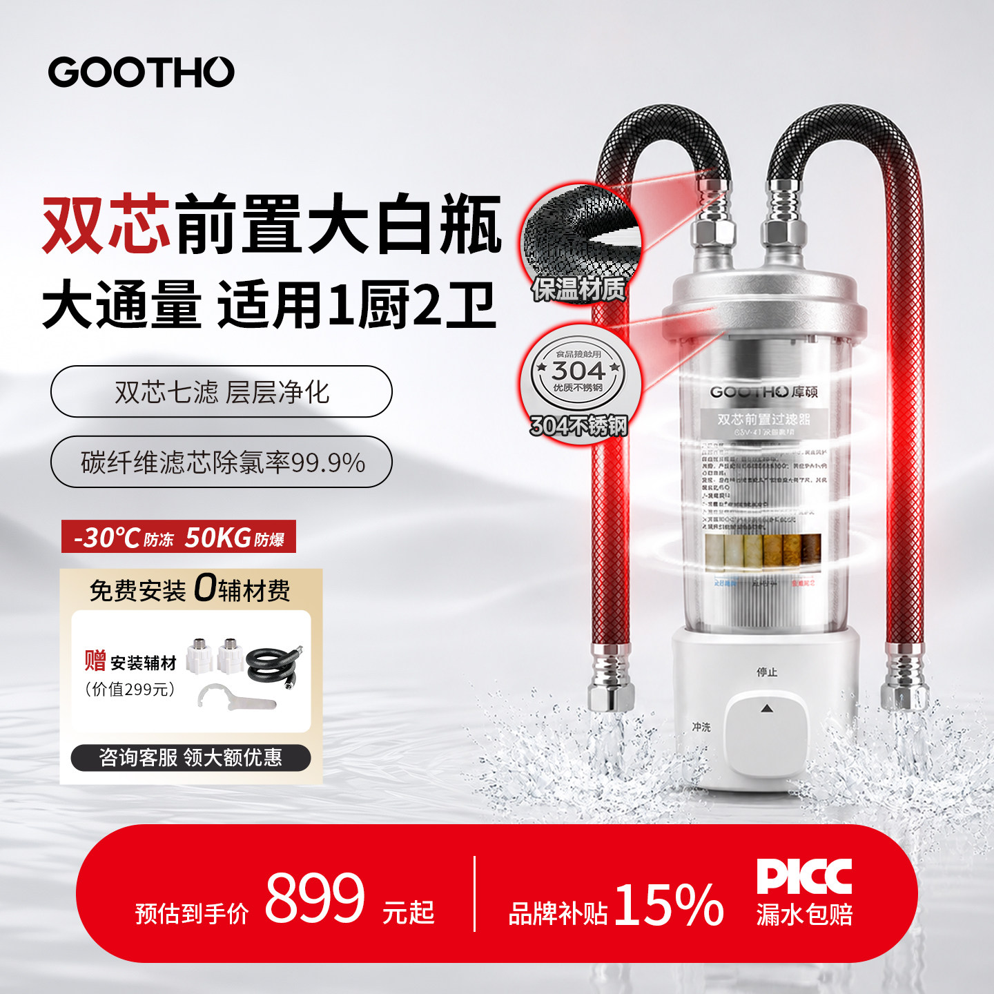 GOOTHO前置过滤器双芯活性炭全屋净水系统家用不锈钢反冲洗净水器