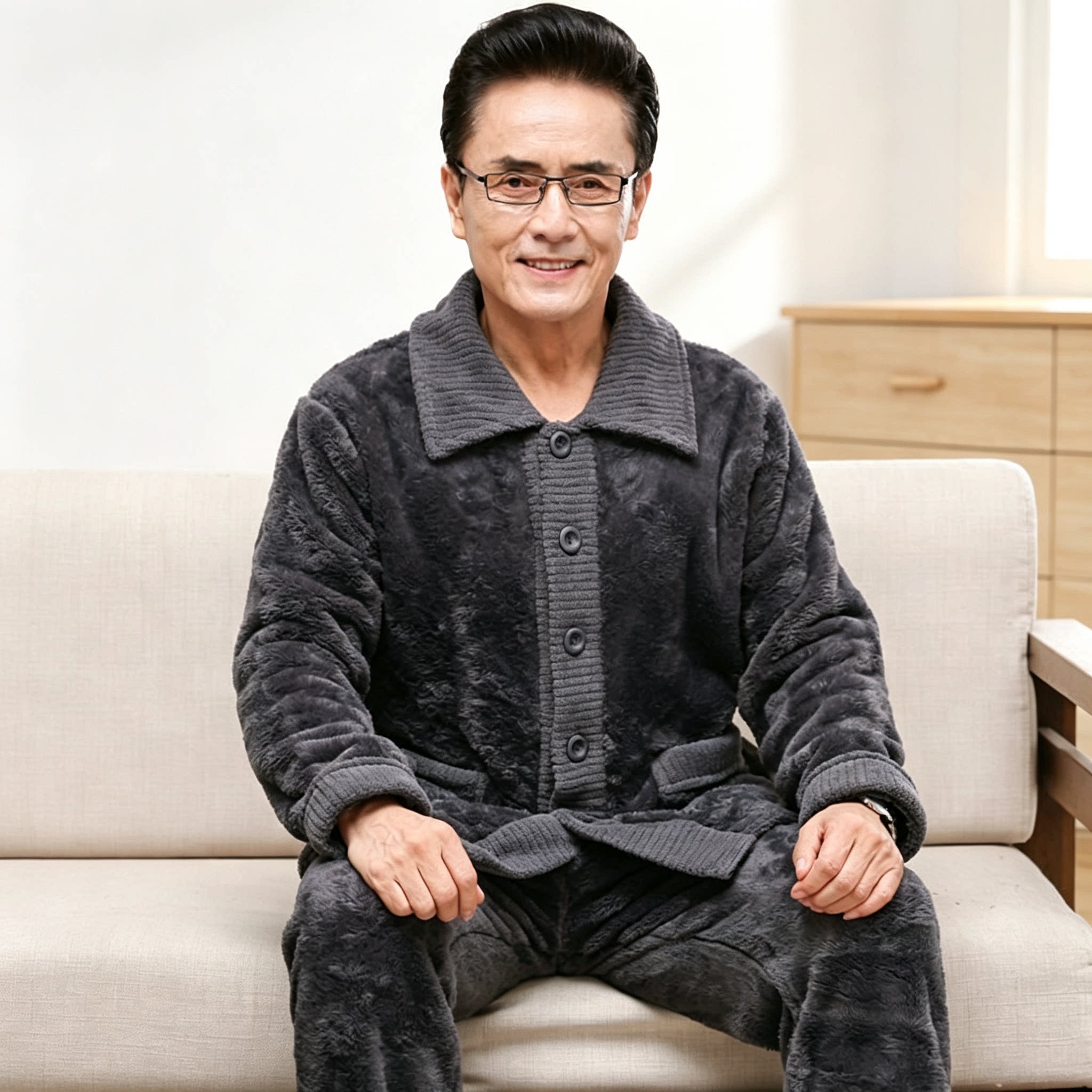 全棉纯棉秋冬季爸爸珊瑚绒睡衣加绒加厚保暖套装法兰绒中老年人男