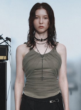 Sound of trio*层叠褶皱薄纱双层吊带背心｜Top上衣｜烟绿色