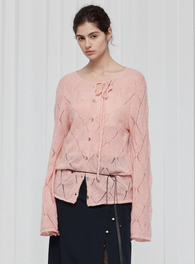 Sound of trio*「薄暮春颂」镂空绞花马海毛羊毛混纺薄款开衫毛衣