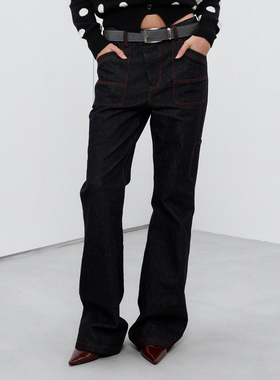 Sound of trio*红线结构丹宁原牛中腰微喇长裤
