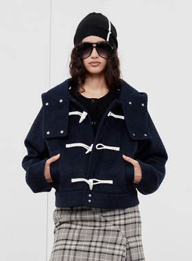 Sound of trio*牛角排扣连帽海员风羊毛混纺夹克
