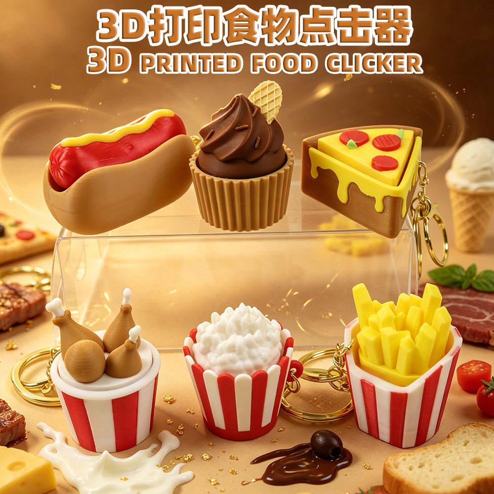 跨境新款3D打印食物点击器钥匙扣解压玩具薯条披萨热狗钥匙圈挂件