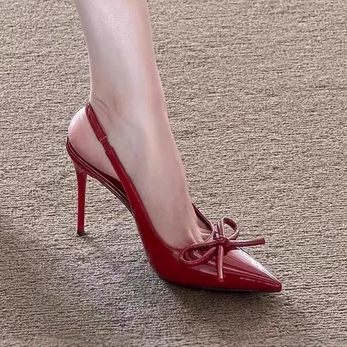 红色一字带高跟鞋蝴蝶结包头凉鞋