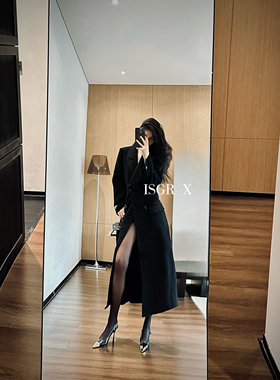 ISGRX 北京遇上西雅图 高级感黑色气质外套毛呢大衣