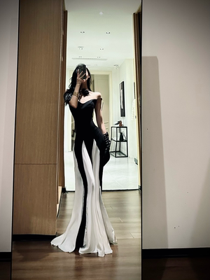 ISGRX 非黑即白 设计感气质吊黑色连衣裙高个子礼服年会生日裙