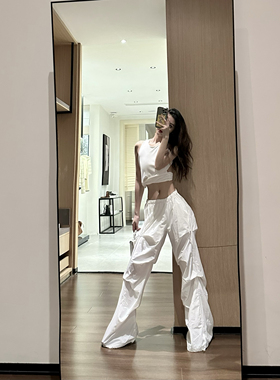 ISGRX白色垂坠感阔腿休闲裤女辣妹风设计感小众直筒长裤潮