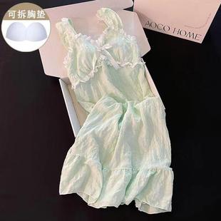 甜美爆款 吊带睡裙带胸垫云朵棉纯色睡衣女夏季 宽松连衣裙家居服