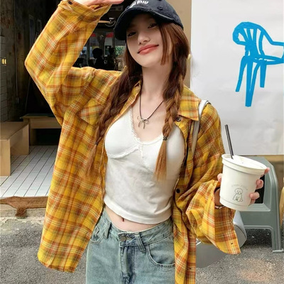 德国复古黄色格子衬衫女夏季防晒