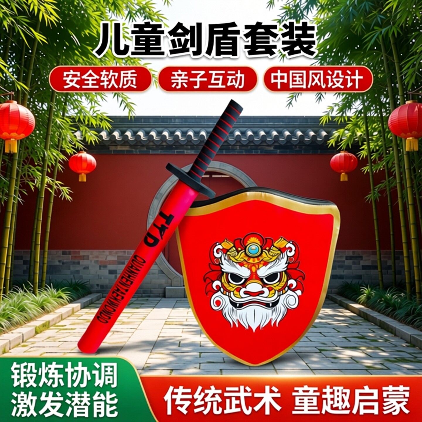 儿童剑盾套装组合中国风醒狮海绵盾牌泡沫亲子互动玩具软棍棒武术