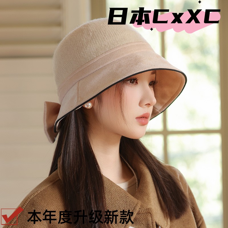 秋冬新款帽子女大帽檐显脸小渔夫帽复古百搭盆帽韩版蝴蝶结水e278
