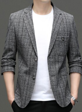 春秋新款含羊毛格子西服男修身免烫毛呢小西装男士休闲单西外xl54