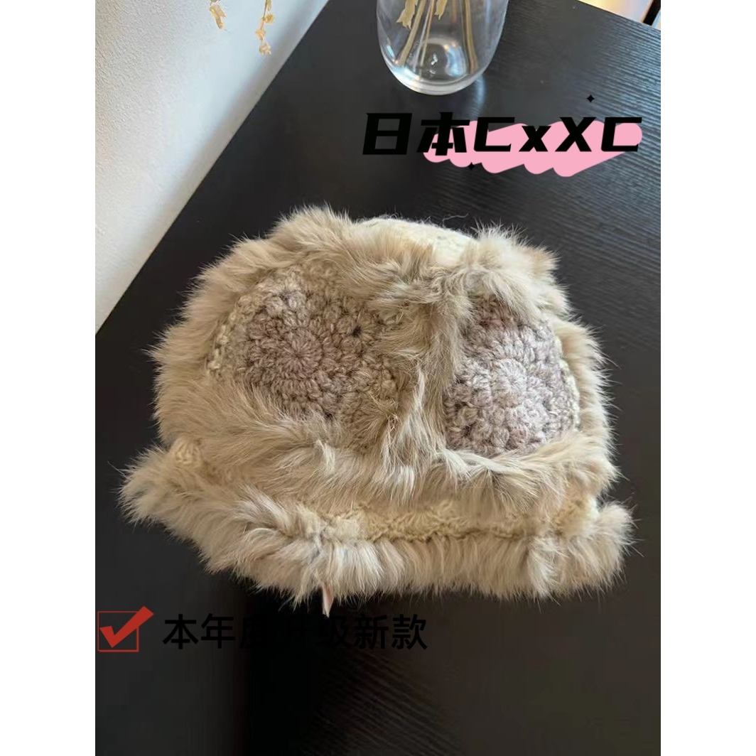 时尚感兔毛拼色手工针织渔夫帽女秋冬保暖大头围显脸小包头毛绒帽