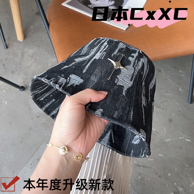 做旧水洗牛仔渔夫帽子女款日系休闲百搭水桶帽大头围复古十字e089