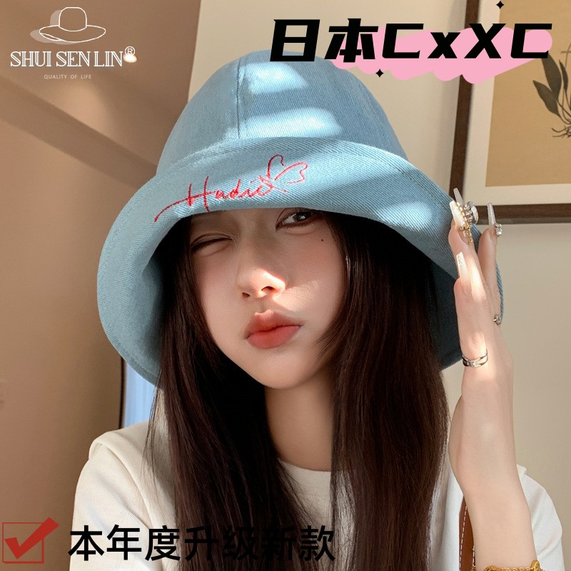 日系帽子女款翻边做旧牛仔渔夫帽大头围显脸小水桶帽秋冬百搭e201
