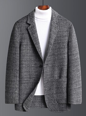 男式双面呢格子羊毛西服秋冬新款手工缝制羊毛休闲西装羊毛男xl54