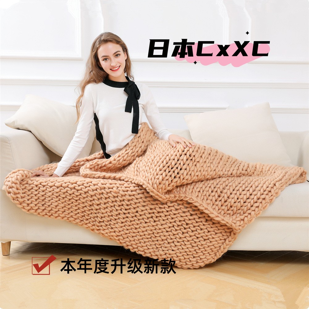 粗毛线手工编织毯子拇指粗针织毯毛线沙发盖毯销售粗线毯子