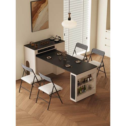 折叠岛台餐桌一体小户型家用伸缩厨房多功能茶水柜餐边柜吧台岛台