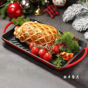 鑄鐵琺瑯煎鍋長方形帶紋煎盤牛排煎盤烤盤菲力牛排盤酒店雙耳餐具