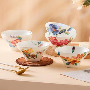 日式田园骨瓷家用面 面碗6寸高脚防烫陶瓷斗笠碗大碗汤碗创意拉面